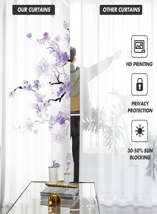 Kikiry Purple Kitchen Curtains Mini 27.5'' W x 39'' L Floral Cherry Blossom Japanese Lavender Patterned Flower Printed Woman Small Cafe Room Rod Pocket Window Drapes Treatment Tiers Fabric 1 Pair - Image 3